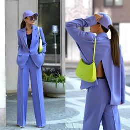Vintage Solid Women Suits Office Lady Fashion Long Sleeve V Neck Backless Oversized Blazer Wide Leg Pants 2 Pieces