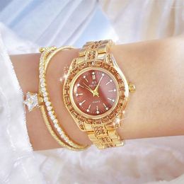 Wristwatches Quartz Watch For Women Fashion Luxury Coffee Square Rhinestone Dial Elegant Stainless Steel Strap Relogios Feminino