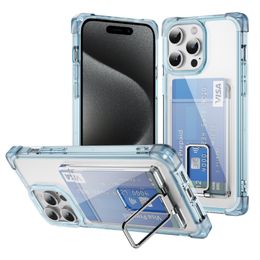 Transparent Acrylic TPU Card Slot Phone Cases for iPhone 15 15Pro 15Plus Samsung Galaxy S24Plus S24Ultra S23 Clear Matte Square Shockproof Cover with Bracket