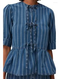 Women's Blouses Stripes Denim Shirt Women Ruffles Stitching Short Sleeve Lace-up O-neck Female Blouse Tops 2023 Spring Summer