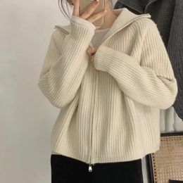 Women's Sweaters Autumn winter cashmere cardigan women 100%pure cashmere zipper lapel sweater knitted loose wool coat 231019