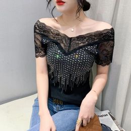 Women's T Shirts Summer T-Shirt Chic Sexy Mesh Lace Patchwork Knit Short Sleeve Shiny Diamonds Tops High Quality Tees