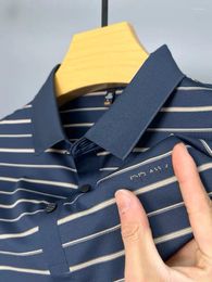 Men's Polos High End Ice Silk Seamless Short Sleeve T-shirt Men Lapel Loose Summer Cool Feeling Fashion Diamond Stripe Casual POLO Shirt