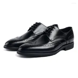 Dress Shoes Black Brogue Carving Genuine Leather Men Mens Wedding Business Office Work Pointed Toe Lace-Up 38-44