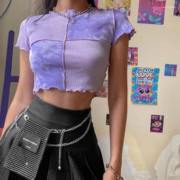 Women's Tanks Women's Crop Tops Y2K Chic Tank Tie Dye Sequin Patchwork Summer Women T-shirts Ruffles Hem Purple Or Bule Thin Breathable