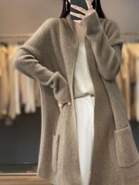 Womens Sweaters Long cashmere cardigan autumnwinter lapel knit casual solid Colour womens tops thickened 100% wool coat loose pocket sweater 231019