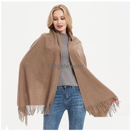 Scarves Women Solid Colour Scarf Winter Thicker Warm Cashmere With Tassel Lady Long Female Shawl Hijabs Wraps Pashmina 2023 Drop Deli Dhxrf