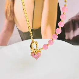 Pendant Necklaces Pink Crystal Heart Necklace For Women Opal Beaded Gold Color Chains Goth Love Zircon Clavicle Jewelry