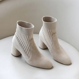 Boots Pointed Ankle Winter Women Casual Chelsea Medium Heel Knitted Sock Faux Suede Female Heels 231019