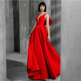 Classic Long Red Satin Prom Dresses With Bow A-Line V-Neck Floor Length Pleats Formal Party Evening Dress With Pockets Robes de Soiree for Women