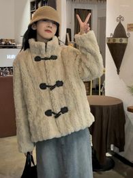 Women's Fur Winter Parkas Oversized Coat White Horn Button Stand-up Collar Jacket Top Warm Thicken Faux Lamb Wool B123