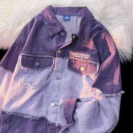 Men's Jackets Denim Jacket Retro Color Contrast Stitching Purple Women's Casual Personality Turndown Collar Single-breasted Tops