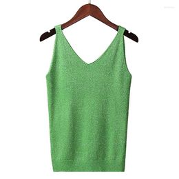 Women's Tanks Bright Silk Slim Knit Strap Tank For Summer Camisole 2023 Thin Short Fit Sexy Silver Thread Underlay Bottoming Tops