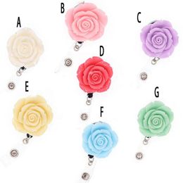 20pcs lot Key Rings Multicolor Resin Rose Flower Shape Retractable Badge Reel Holder With Alligator Clip For Decoration194v