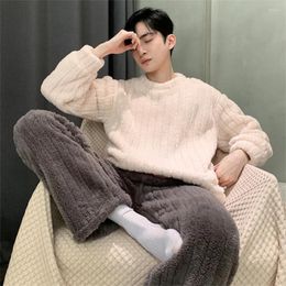 Men's Sleepwear Casual Autumn Winter Warm Pajamas Set Coral Fleece Striped Pullover Plush Pants 2Pcs Sleepwer Male Homewear