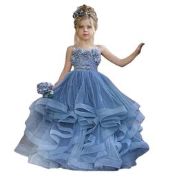 Dusty Blue Flower Girl Dresses For Wedding Occasion Kids Pageant Gowns Tulle Ruffled First Communion Dress Hand Made Custom