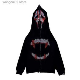 Men's Hoodies Sweatshirts Zipper Ghost Rhinestone Hoodies Black Gothic Sweatshirts Y2k Bling Autumn Jackets Grunge American Fashion Hoodie Men Streetwear T231019