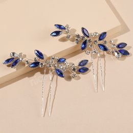 Blue Leaf Hairpin Wedding Hair Accessories For Women U-shaped Crystal Hair Clip Fork 2023 New Bride Hair Jewellery Marrige Tiaras