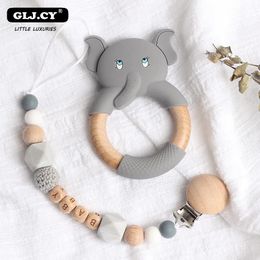 Soothers Teethers Personalize Name Pacifier Clips Elephants sheep Silicone Teether Wooden Ring BPA Nursing Chewable Rattle Baby Christmas Gift 231019