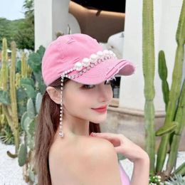 Visors Women Baseball Hat Pearls Rhinestones Adjustable Snapback Peaked Cap Soild Cotton Bonnet Girls Outdoor Sport Sun Visor H004