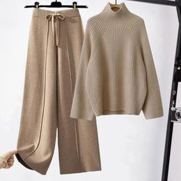 Womens Tracksuits Autumn Winter Warm Knitted Suit Women Long Sleeve Half Turtleneck Knitting Sweater And Wide Leg Pants Sets Outer Wear Loose Set 231018