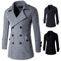 Men's Trench Coats Korean Woollen Coat Slim Fit Long Men Double Breasted Windbreaker Casual Sleeve Top Grey Overcoat Plus Size