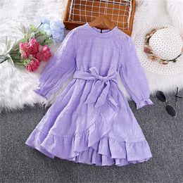 Girl Dresses Autumn Long Sleeve Kids Dress Girls 4 To 7 Years Purple Irregular Lace Skirt For Korean Style Princess Baby