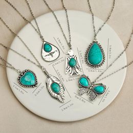 Pendant Necklaces Women Necklace Sets Vintage Silver Plated Turquoise Stone Bohemia Statement Hexagonal Water Drop