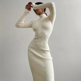 Casual Dresses Elegant Turtleneck Knit Sweater Dress Long Sleeve Elasticity Slim Solid Colour Bodycon Sexy Women Mid-Calf Robe