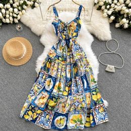 Casual Dresses Summer Dress Women 2022 Fashion Bohemian Long Vacation Elegant Sexy Strap Lemon Print Plus Size DressCasual201w