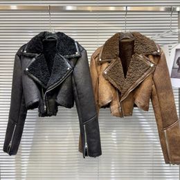 Women's Leather PREPOMP 2023 Winter Collection Turn Down Collar Zippers Sleeve Cuff Faux Fur Pu Jacket Women GM128