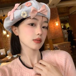 Berets Y2k Bow Flower Berets Spring and Summer Japanese Cute Versatile Ins Fashion Bud Painter Hats Show Face Small Retro Women's Hats 231018