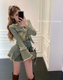 Work Dresses Spicy Girl Denim Set Women Autumn Long Sleeve Slim Short Coat High Waist Pleated Skirt Two Piece Outfits