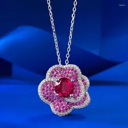 Chains S925 Silver Pigeon Blood Red Flower Necklace Women's Rose Petals Fashion Versatile Pendant