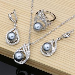 Grey Pearl Bridal Jewellery Sets Drop Earrings with CZ Stone 925 Silver Women Ring Necklace Set3039