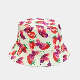 Berets Four Seasons Cotton Strawberry Butterfly Two Sides Wear Bucket Hat Fashion Joker Outdoor Travel Sun Cap For Men And Women 43