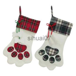 Christmas Decorations Cute dog paws Chequered Christmas fillers candy bags Christmas stockings hanging decorations Christmas socks knitted decorations x1019