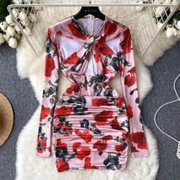 Casual Dresses Foamlina Summer Women Sexy Cut Out Front Floral Print Mini Bodycon Dress V Neck Long Sleeve High Waist Folded Night Club