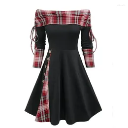 Casual Dresses Winter Women Button A-Line Dress Autumn Princess Off Shoulder Patchwork Vintage Slash Neck Print Loose Party