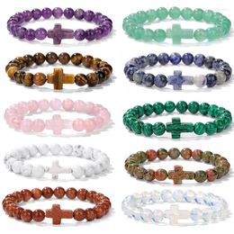 Strand Multicolor Natural Stone Bracelet 8mm Agates Tiger Eye Malachite Amethysts Beads Cross Charm Bracelets Women Men Jewelry Gift