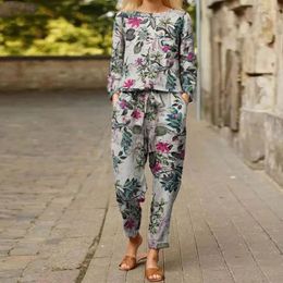 Women's Two Piece Pants Cotton And Linen O-neck Retro Long-Sleeved Set 2023 Flower Printed Blouse Trousers 2PC Suits Conjunto Feminino
