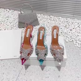 Aquazzura 2024 Designer di alta qualità tacchi sandali da donna Tacchi in PVC fibbia in cristallo festa abito da sposa scarpe tacco cinturino posteriore sexy sandalo con suola in cuoio 100%