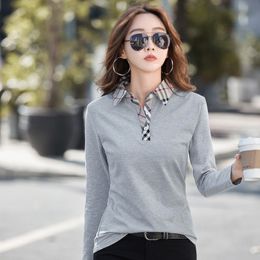 Women's Blouses Shirts Solid Colour Shirt Plaid Casual Long Sleeve Tops Office Ladies Lapel Outfits