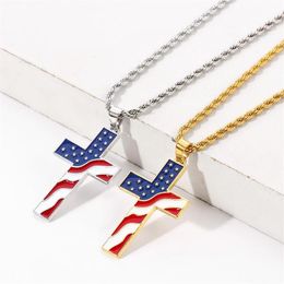 Pendant Necklaces Cross Crucifix Necklace For Men Women Gold Chain Stars And Stripes Flag Jesus Link Whole Jewelry274I