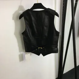 Women's Leather Deep V-Neck Tank Top Black Jacket Metal Logo Autumn And Winter 23