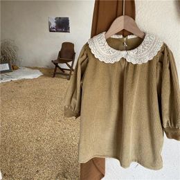 Girl Dresses Toddlers Girls Autumn Brown Corduroy Lace Flowers Long Sleeve Baby Winter Cotton Thick Dress
