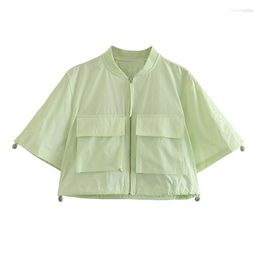 Women's Jackets Women's YENKYE 2023 Women Hem Drawstring Cropped Pockets Overshirts Jacket Vintage Short Sleeve Zipper Female Summer