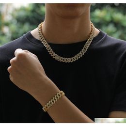 12Mm Miami Cuban Link Chain Necklace Bracelets Set For Mens Bling Hip Hop Iced Out Diamond Gold Silver Rapper Chains Women Luxury 238y