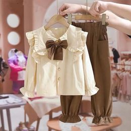 Clothing Sets Spring Autumn Y2K Fashion Cute Girls Two Piece Set Cotton Long Sleeve Solid Shirt And Pants Kids Suit Bowknot Children's Clothes 231019