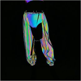 Womens Pants High-Waisted Hollow Sexy Reflective Cargo European And American Ladies Hip Hop Rock Night Light Beam Drop Delivery